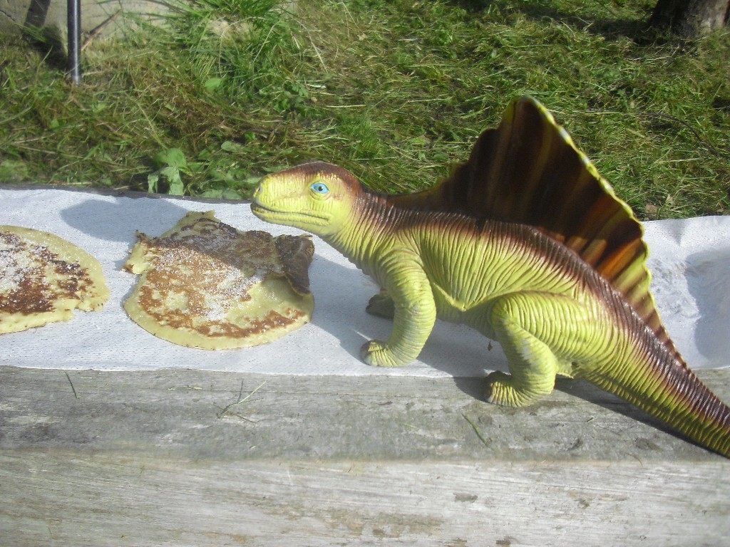 Pannekaker stekt på tur, med lekedinosaur på bordet
