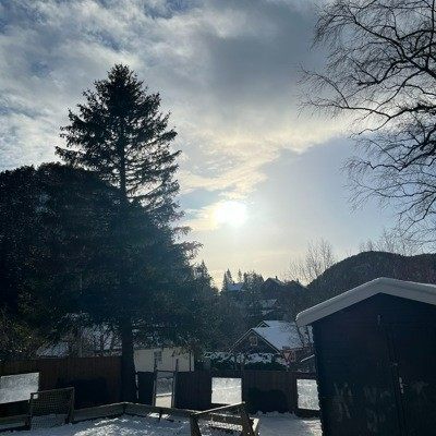 Vinterdag i barnehagen med snø på grantrærne